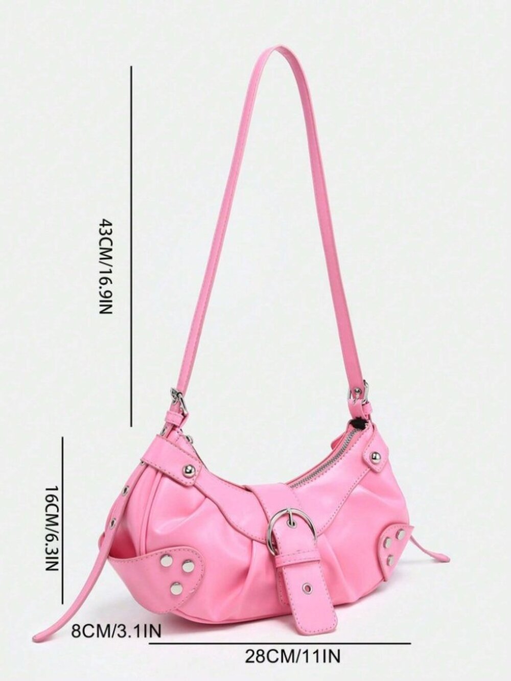Pink Studded Baguette Bag Y2K Punk Vegan Leather Zip Shoulder Purse - Picture 6 of 6